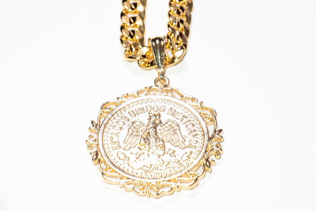Large Peso Pendant on Gold Chain
