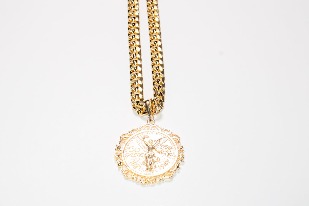 Large Peso Pendant on Gold Chain