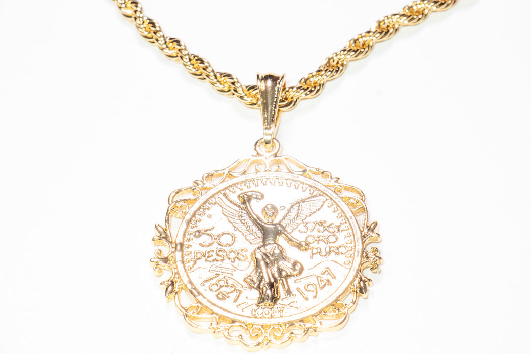 Large Peso Pendant on Gold Chain