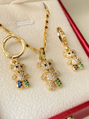14k Bonded Gold Necklace with Teddy Bear Set with Set of Earrings P30