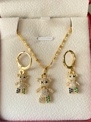 14k Bonded Gold Necklace with Teddy Bear Set with Set of Earrings P30