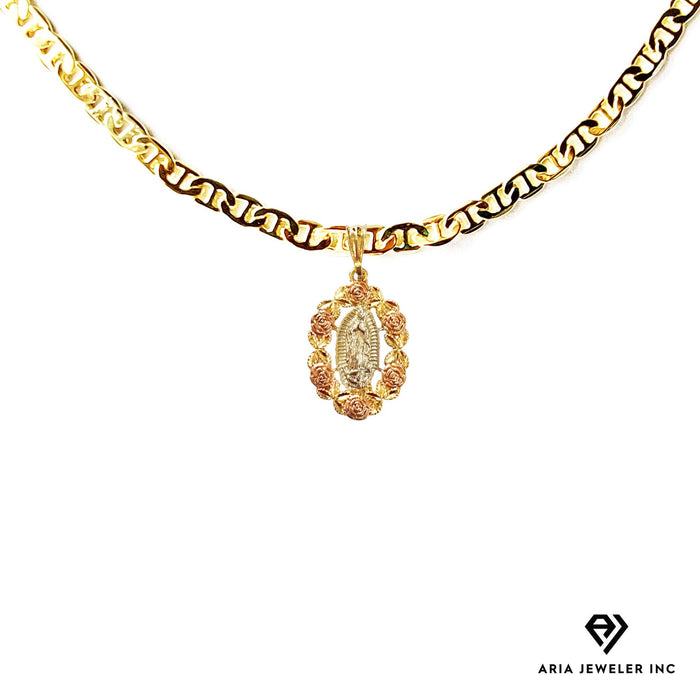 Chain with St. Mary Surrounded by Pink Roses on a Gold Pendant