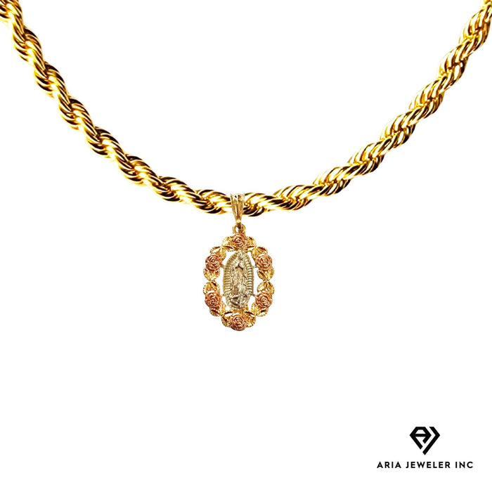 Chain with St. Mary Surrounded by Pink Roses on a Gold Pendant