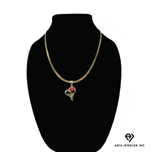 Gold Necklace with Red Heart Rose Pendent