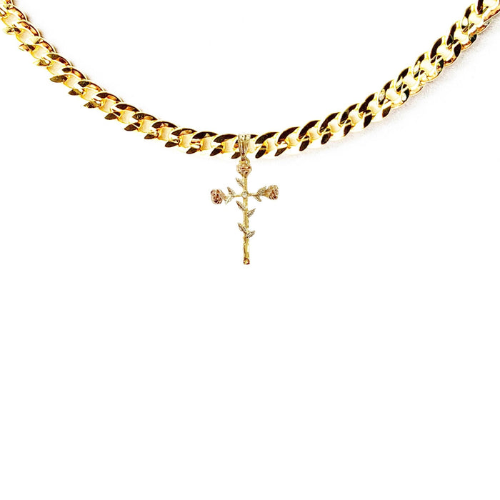 Chain with Elegant Gold Cross with Pink Roses