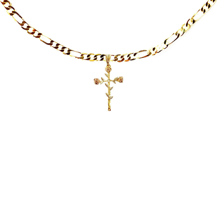 Chain with Elegant Gold Cross with Pink Roses