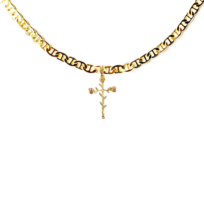 Chain with Elegant Gold Cross with Pink Roses