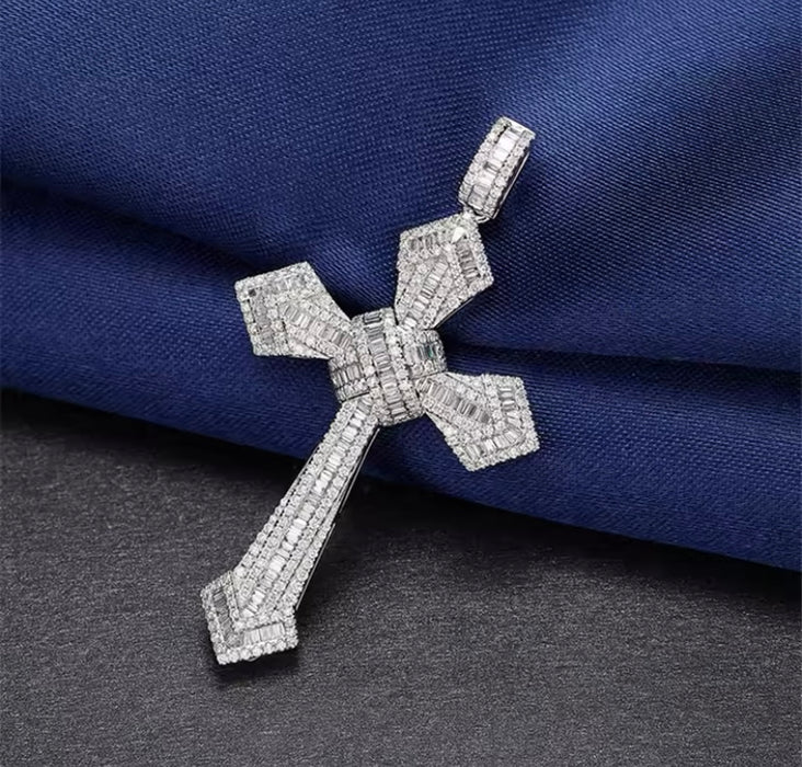 Solid Silver Cross with Baguette Moissanite Pendant on silver chain