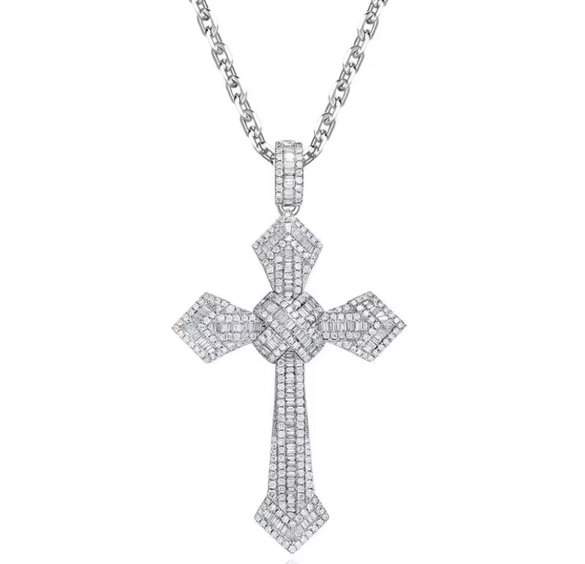 Solid Silver Cross with Baguette Moissanite Pendant on silver chain
