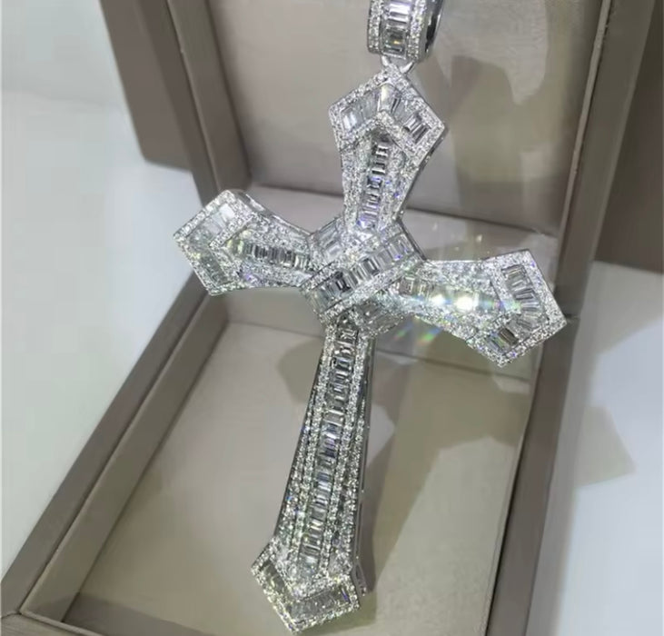 Solid Silver Cross with Baguette Moissanite Pendant on silver chain