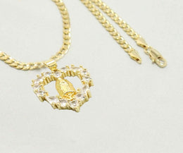 14k    gold plated Necklace with Diamond Saint Mary Heart Charm Easter Gift for Women & Men, 14 Karat  gold plated Cuban Necklace by Aria jeweler