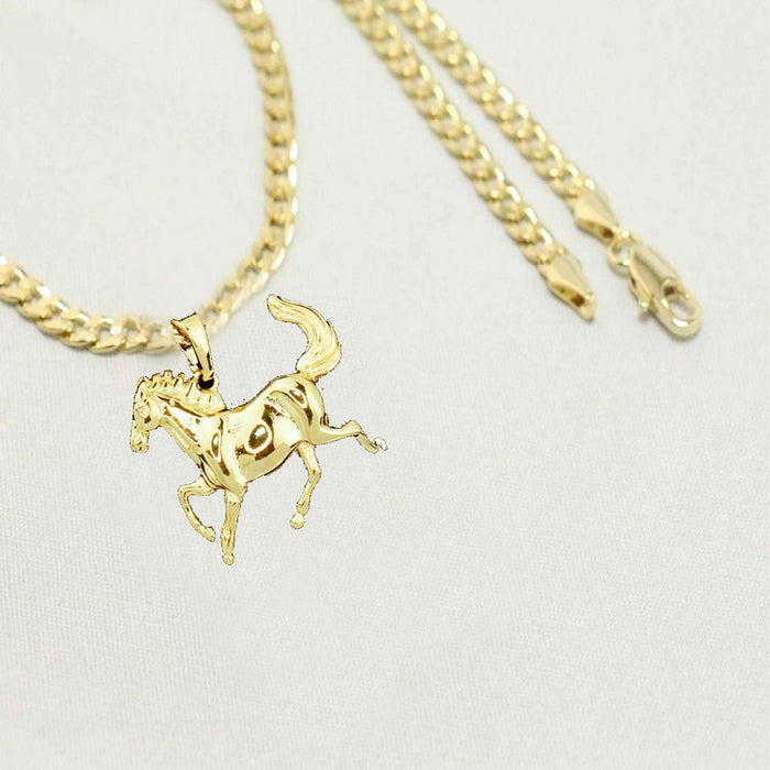 14k Vermeil  gold plated Cuban Necklace with  gold plated Horse Charm Valentine Gift for Women & Men, 14 Karat  gold plated Cuban Necklace by Aria jeweler