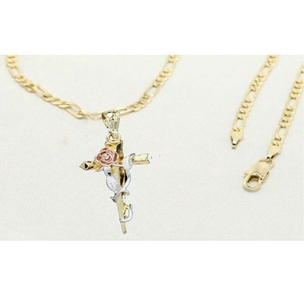14k Gold Necklace Clearance with Gold Rose Cross Chain Charm, Cross Rose Gift for Women & Men, 14 Karat Gold Figaro Chain by Aria jeweler