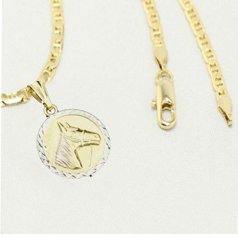 14k Vermeil  gold plated Necklace with  gold plated Circle Horse Charm, Unisex Gift for Women & Men, 14 Karat  gold plated Mariner Necklace by Aria jeweler