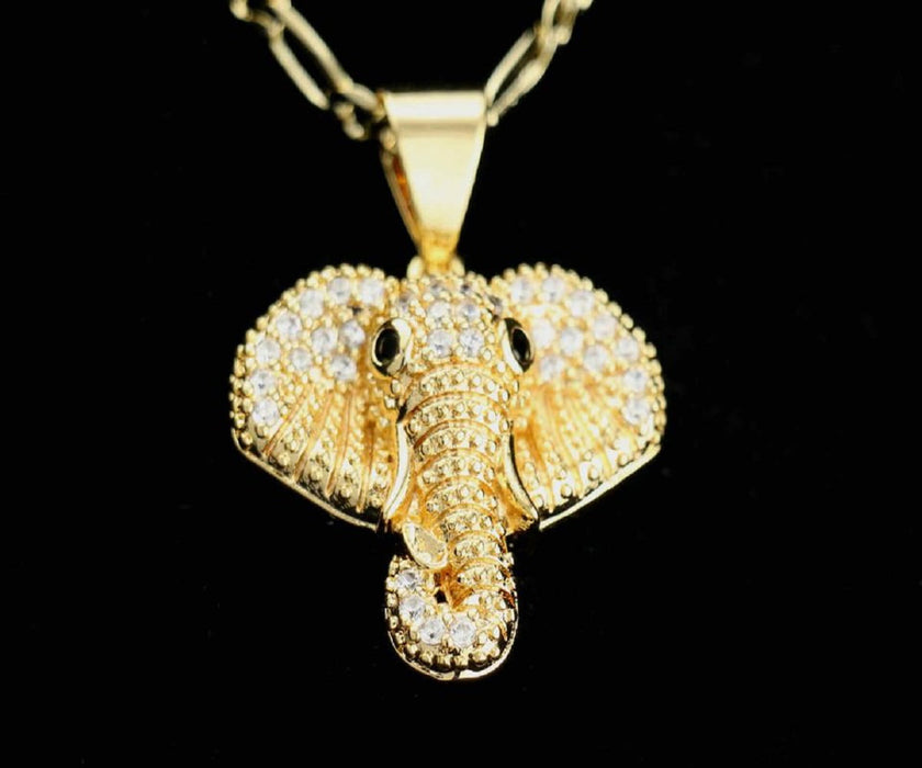 14k    gold plated Necklace with  gold plated Diamond Elephant Head Charm Unisex Gift for Women & Men, 14 Karat  gold plated Cuban Chain by Aria Jeweler