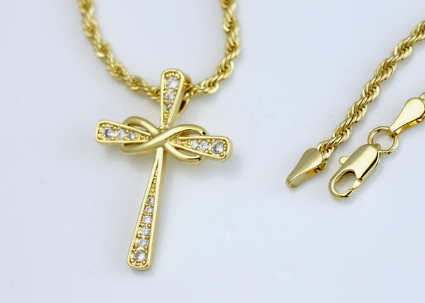 14k    gold plated rope necklace with medium diamond looped cross charm