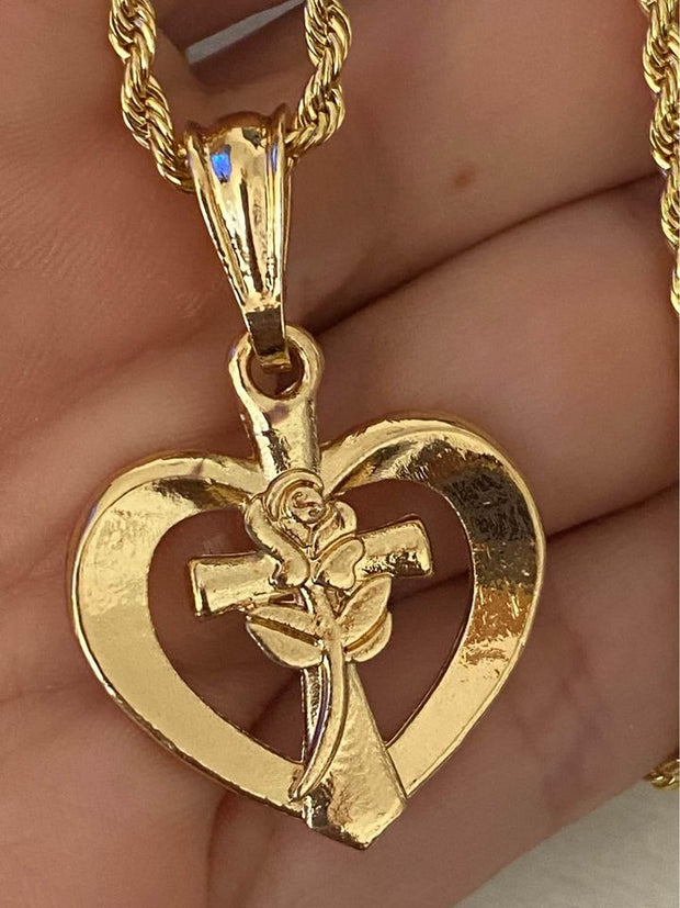 Rope chain with rose cross heart pendant