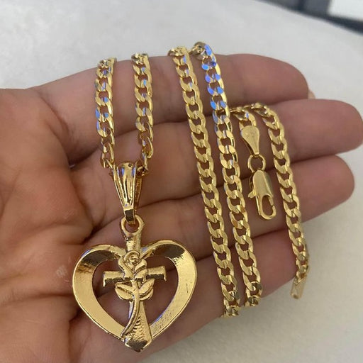 Cuban chain with rose cross heart charm