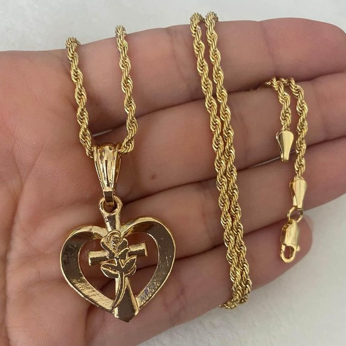 Rope chain with rose cross heart pendant