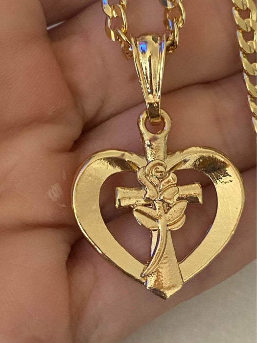 Cuban chain with rose cross heart charm