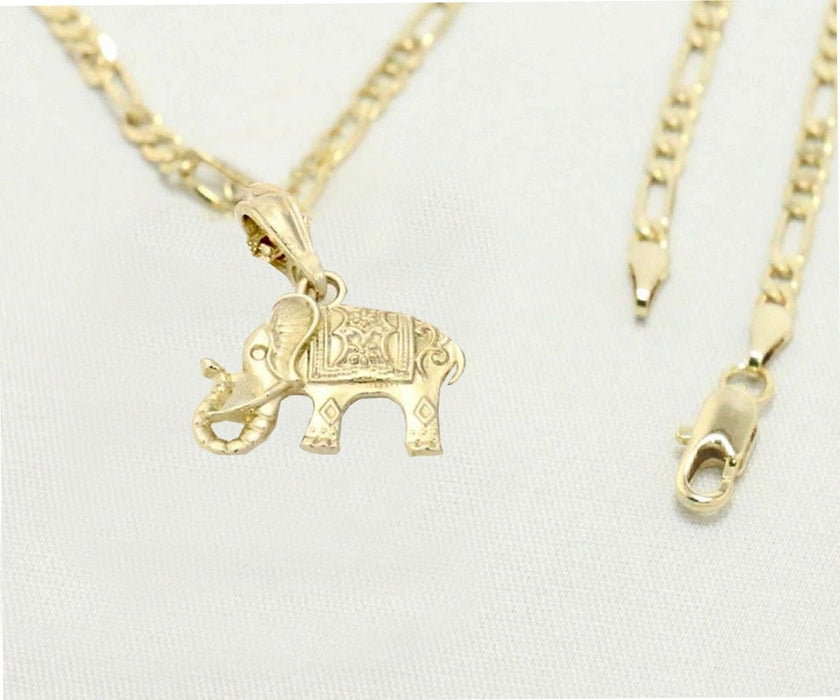 14k Gold Necklace with Gold Diamond Cut with Thai Elephant Charm Valentine Gift for Women & Men, 14 Karat Gold Figaro Necklace by Aria jeweler