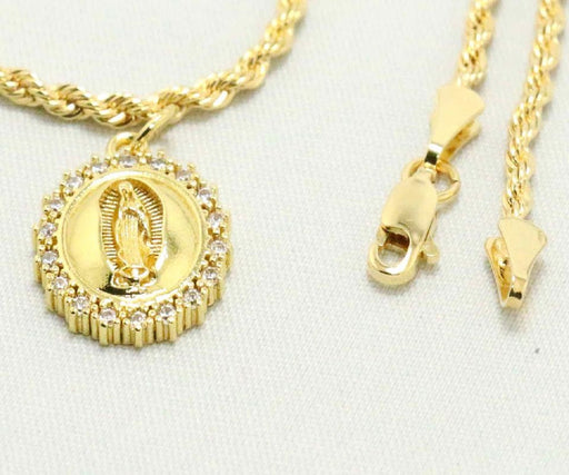 14k    gold plated Necklace with Diamond Saint Mary Charm Sun Easter Gift for Women & Men, 14 Karat  gold plated Rope Necklace by Aria jeweler