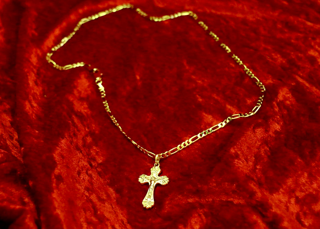 14k  gold plated Chain with Figaro with  gold plated Gothic Crucifix Valentine Day Gift for Women & Men,  gold plated Chain Necklace by Aria Jeweler