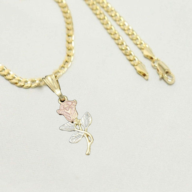14k Gold Necklace with White Rose and Flower Charm Easter Gift for Women & Men, 14 Karat Gold Cuban Necklace with Rose Gold Pendant by Aria jeweler