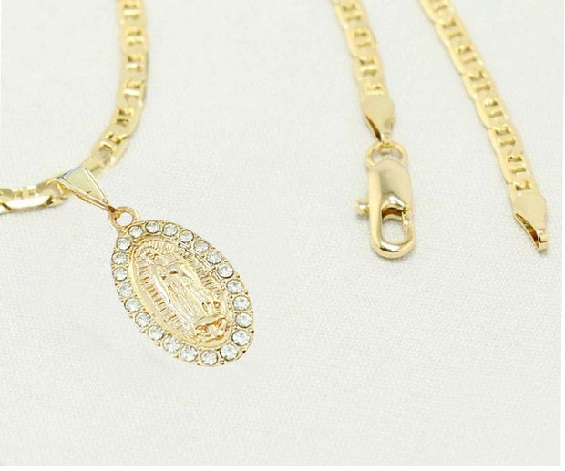 14k Vermeil  gold plated Necklace with Oval Diamond Saint Mary Charm Easter Gift for Women & Men, 14 Karat  gold plated Mariner Necklace by Aria jeweler