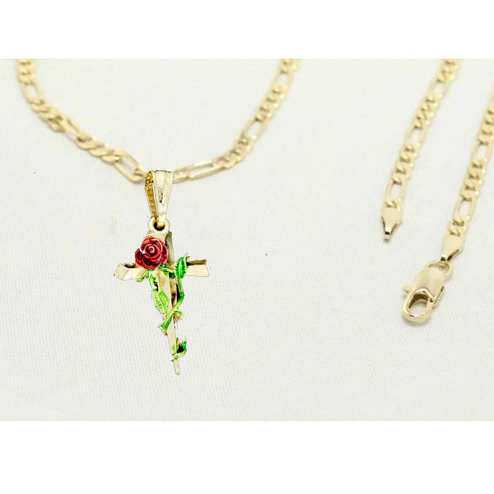14k Gold Necklace with Gold Rose Cross Charm Easter Gift for Women & Men, 14 Karat Gold Figaro Necklace by Aria jeweler