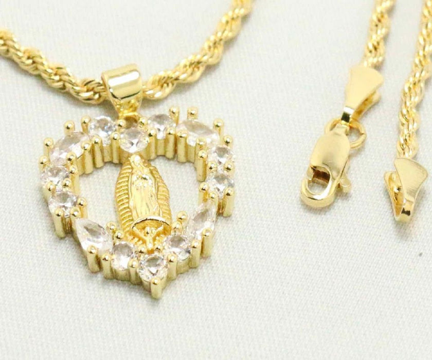 14k    gold plated Heart Chain Necklace on Clearance with Diamond Saint Mary Charm Easter Gift for Girlfriend, Women & Men, 14 Karat  gold plated Rope Necklace by Aria jeweler