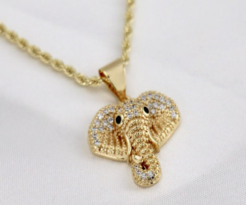 14k   Vermeil  gold plated Necklace with  gold plated Diamond Elephant Head Charm Valentine Gift for Women & Men, 14 Karat  gold plated Rope Chain by Aria Jeweler