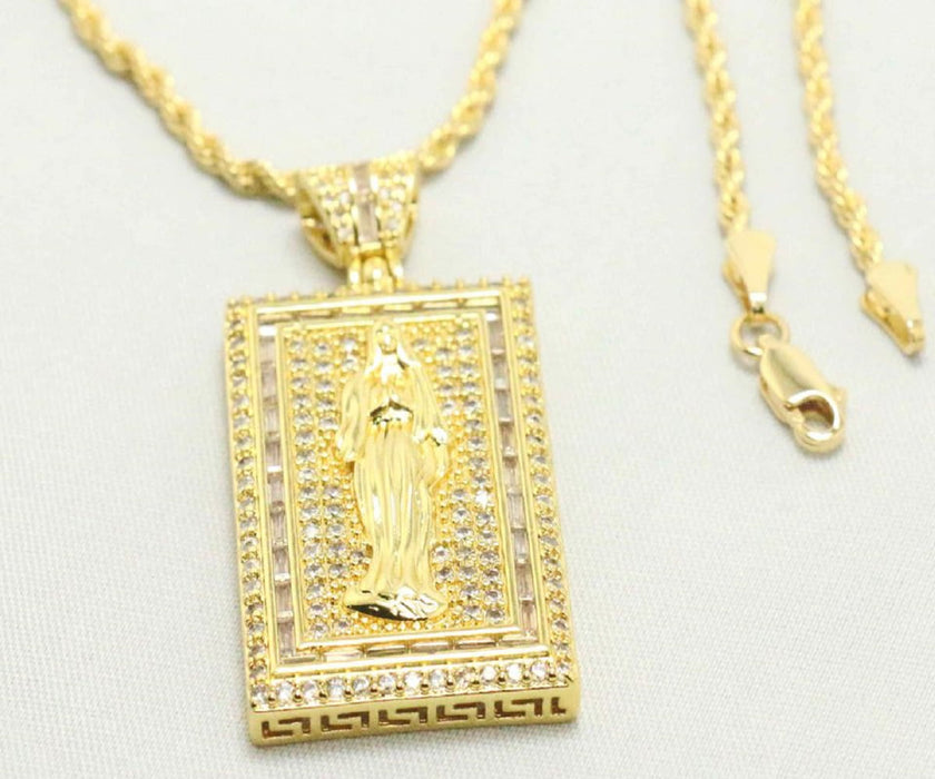 14k    gold plated Necklace with Square Saint Mary Charm Valentine Gift for Women & Men, 14 Karat  gold plated Rope Chain by Aria Jeweler