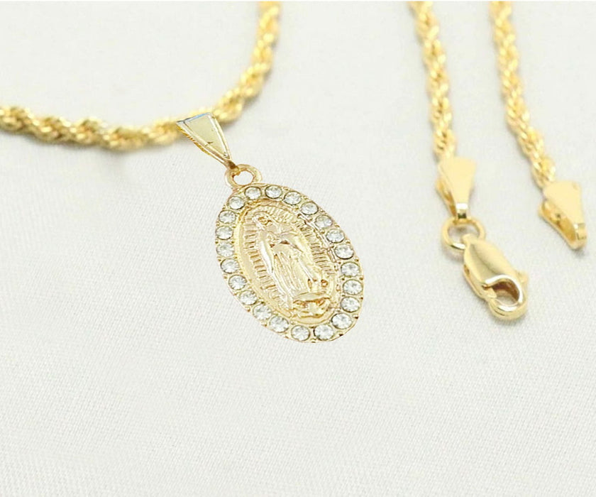 14k Vermeil  gold plated Necklace with Oval Diamond Saint Mary Charm Easter Gift for Women & Men, 14 Karat  gold plated Rope Necklace by Aria jeweler
