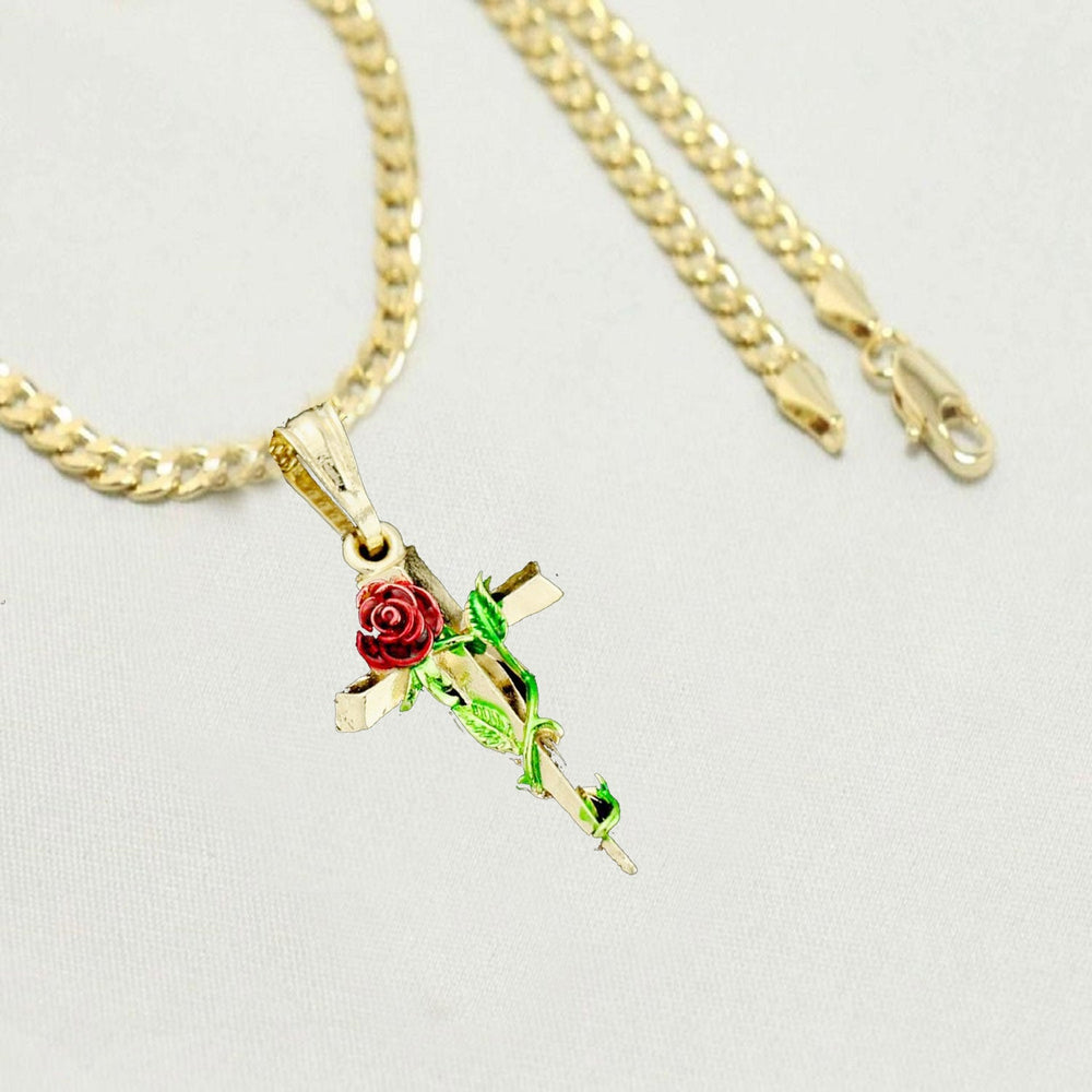 14k Gold Necklace with Gold Rose Cross Charm Valentine Gift for Women & Men, 14 Karat Gold Cuban Necklace by Aria jeweler