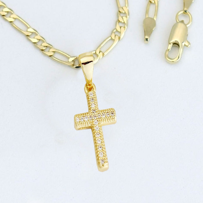 14k    gold plated Cross Necklace with Diamond/ gold plated Crucifix Charm Unisex Gift for Women & Men, 14 Karat  gold plated Figaro Chain by Aria jeweler
