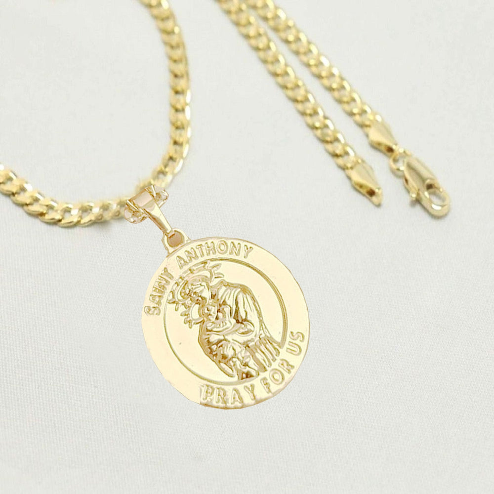 14k Gold Necklace with Saint Anthony Charm, Unisex Gift for Women & Men, 14 Karat Gold Cuban Chain by Aria jeweler