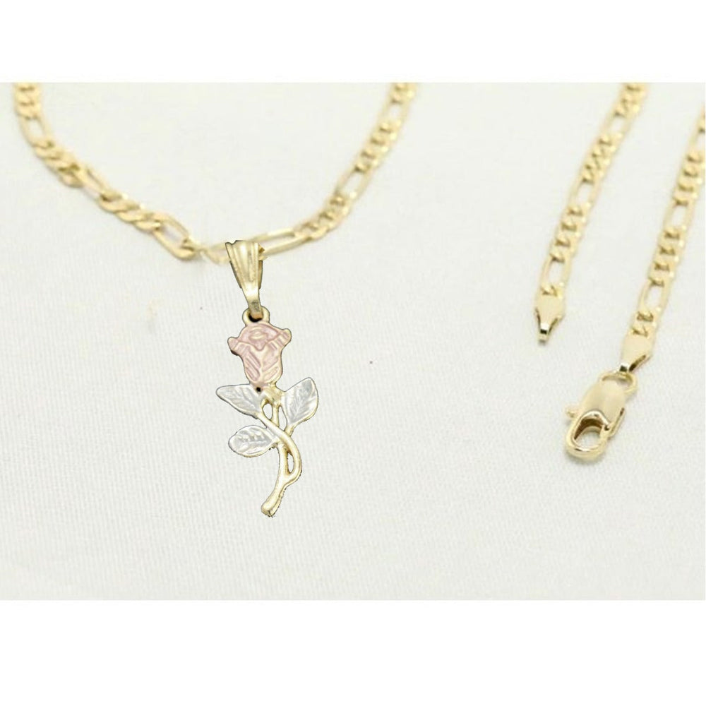 14k Gold Necklace with White Rose and Flower Charm Easter Gift for Women & Men, 14 Karat Gold Figaro Necklace with Rose Gold Pendant by Aria jeweler