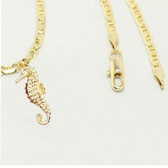 14k Gold Necklace with Gold Seahorse Charm Unisex Gift for Women & Men, 14 Karat Gold Mariner Chain by Aria jeweler
