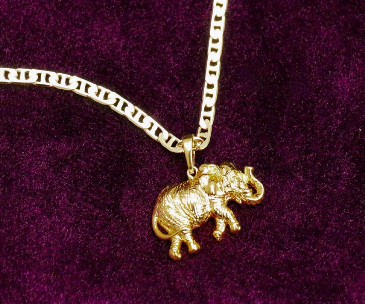 14k Bonded Gold Necklace Clearance with Thai Elephant Charm, Best Gift for Lovers,  Women & Men, 14 Karat Gold Mariner Chain by Aria jeweler