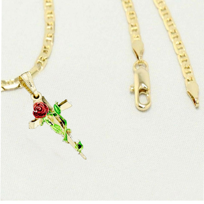 14k Gold Necklace with Gold Rose Cross Charm Easter Gift for Women & Men, 14 Karat Gold Mariner Necklace by Aria jeweler