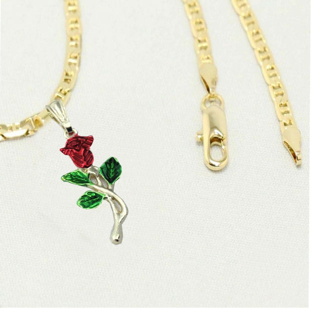 14k    gold plated Necklace with Red Rose  gold plated Flower Charm Easter Gift for Women & Men, 14 Karat  gold plated Mariner Necklace with Rose  gold plated Pendant by Aria jeweler