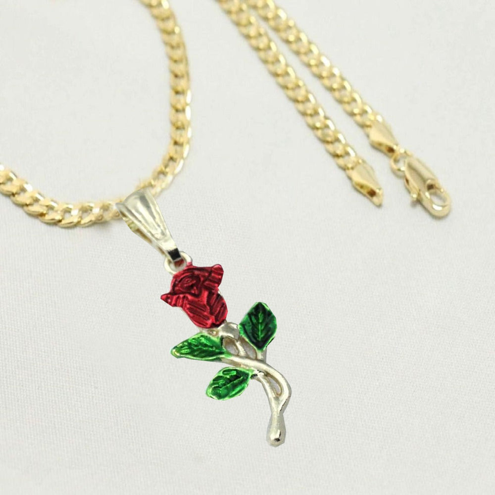 14k    gold plated Necklace with Red Rose  gold plated Flower Charm Easter Gift for Women & Men, 14 Karat  gold plated Cuban Necklace with Rose  gold plated Pendant by Aria jeweler