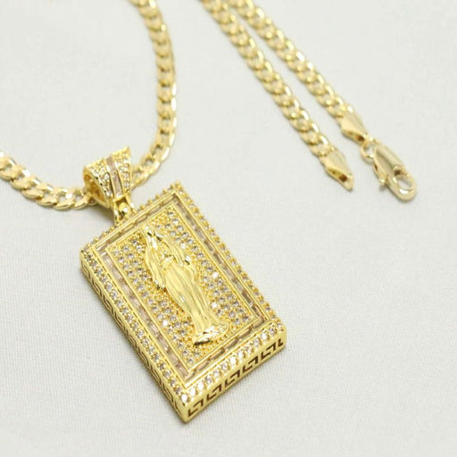 14k    gold plated Necklace with Square Saint Mary Charm Valentine Gift for Women & Men, 14 Karat  gold plated Cuban Chain by Aria Jeweler