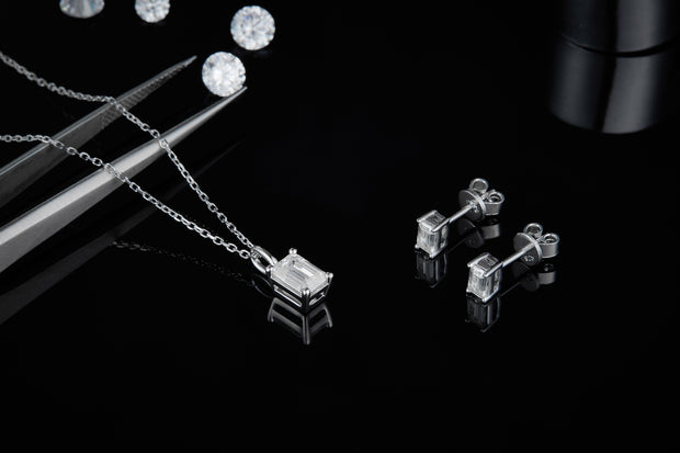Brilliant Emerald Cut Moissanite Necklace Earrings Set
