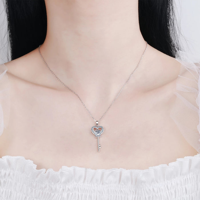 Silver Moissanite Heart Key Necklace