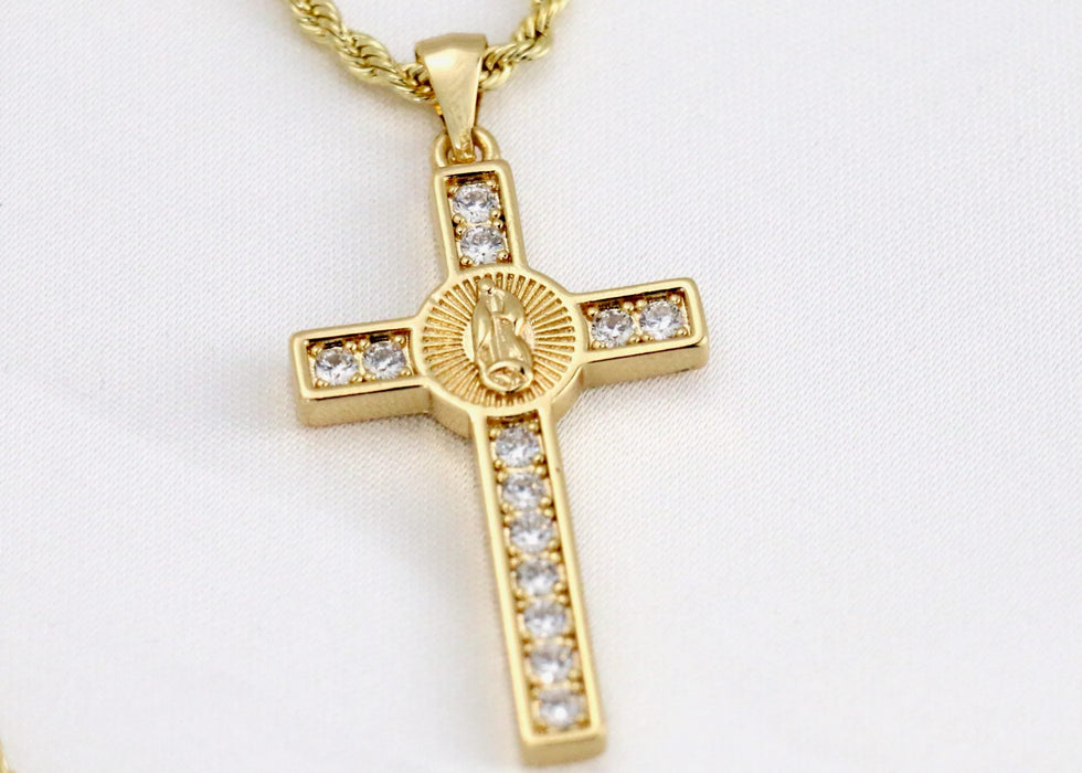 Rope chain with diamond saint mary cross charm