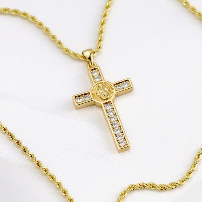 Rope chain with diamond saint mary cross charm