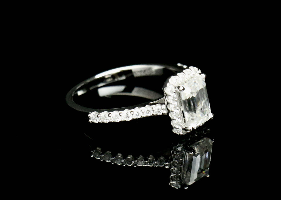 1.0Ct Classic Emerald Cut Halo Sterling Silver Moissanite Ring