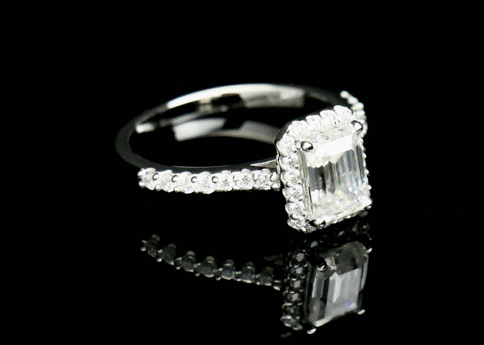 1.0Ct Classic Emerald Cut Halo Sterling Silver Moissanite Ring